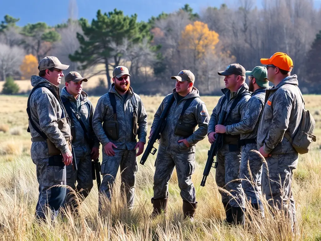 A group of hunters participating in a SAINT HUBERT DE SOUVIGNE-organized training session on responsible hunting practices, emphasizing ethical and sustainable wildlife management.