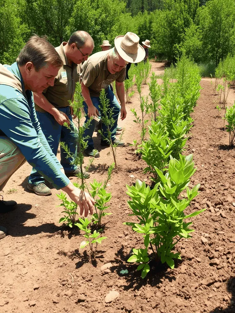 An image depicting a group of volunteers planting trees in a deforested area, symbolizing SAINT HUBERT DE SOUVIGNE's commitment to reforestation and carbon sequestration.