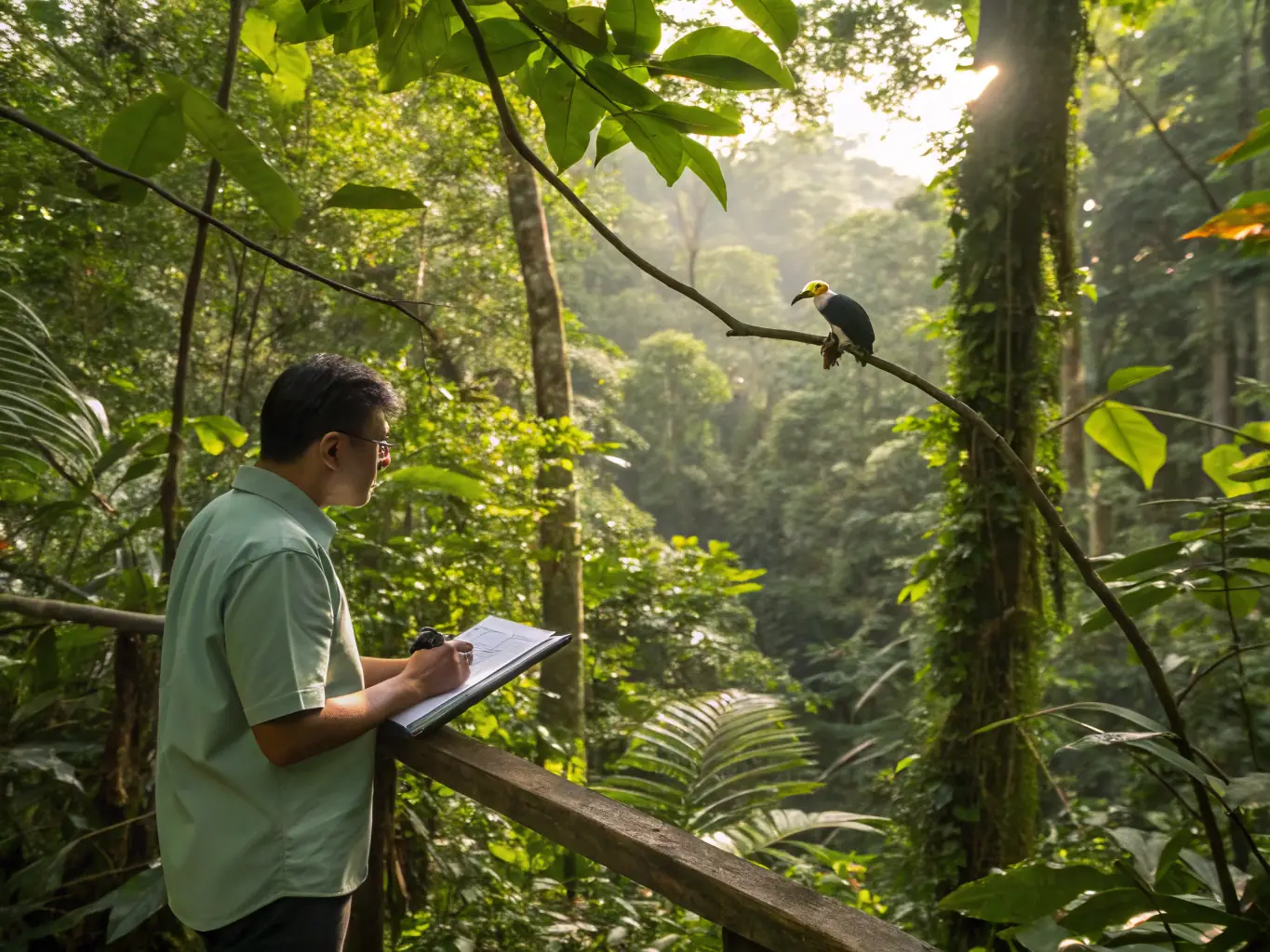 A wildlife biologist conducting a survey of local bird populations, emphasizing the importance of monitoring biodiversity.