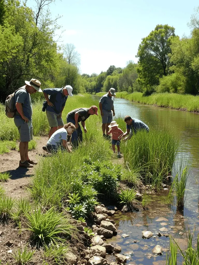 A close-up shot of a restored riverbank, teeming with native plant species and signs of returning wildlife, illustrating the success of SAINT HUBERT DE SOUVIGNE's river restoration project.