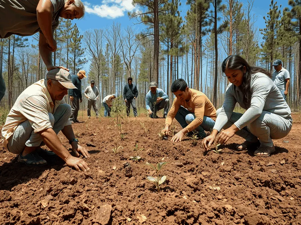 A group of volunteers planting native trees in a deforested area, focusing on reforestation efforts to restore wildlife habitats.