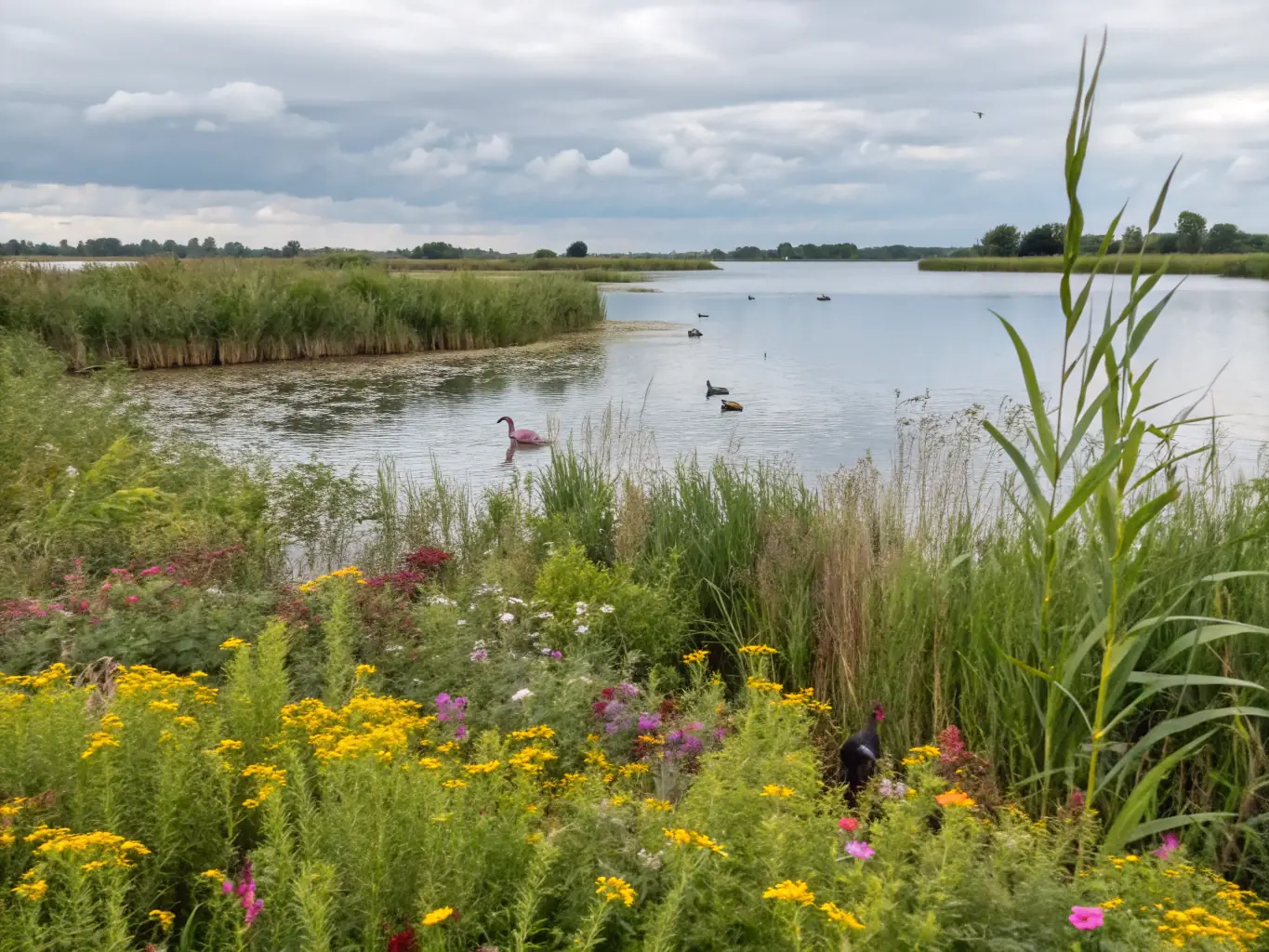 A serene landscape featuring a restored wetland area, showcasing diverse plant life and waterfowl, symbolizing habitat protection efforts by SAINT HUBERT DE SOUVIGNE.