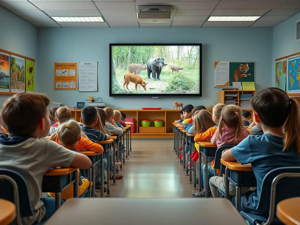 A classroom setting where an educator is teaching children about wildlife conservation, highlighting the role of education in promoting environmental stewardship.