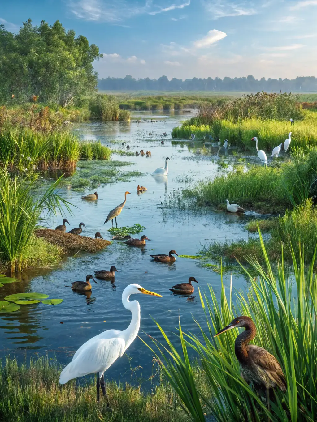 A vibrant photograph capturing a diverse array of local bird species thriving in a protected wetland area managed by SAINT HUBERT DE SOUVIGNE, showcasing the positive impact of habitat preservation efforts.